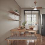 A modern, functional and easily installed wooden dining table for an apartment