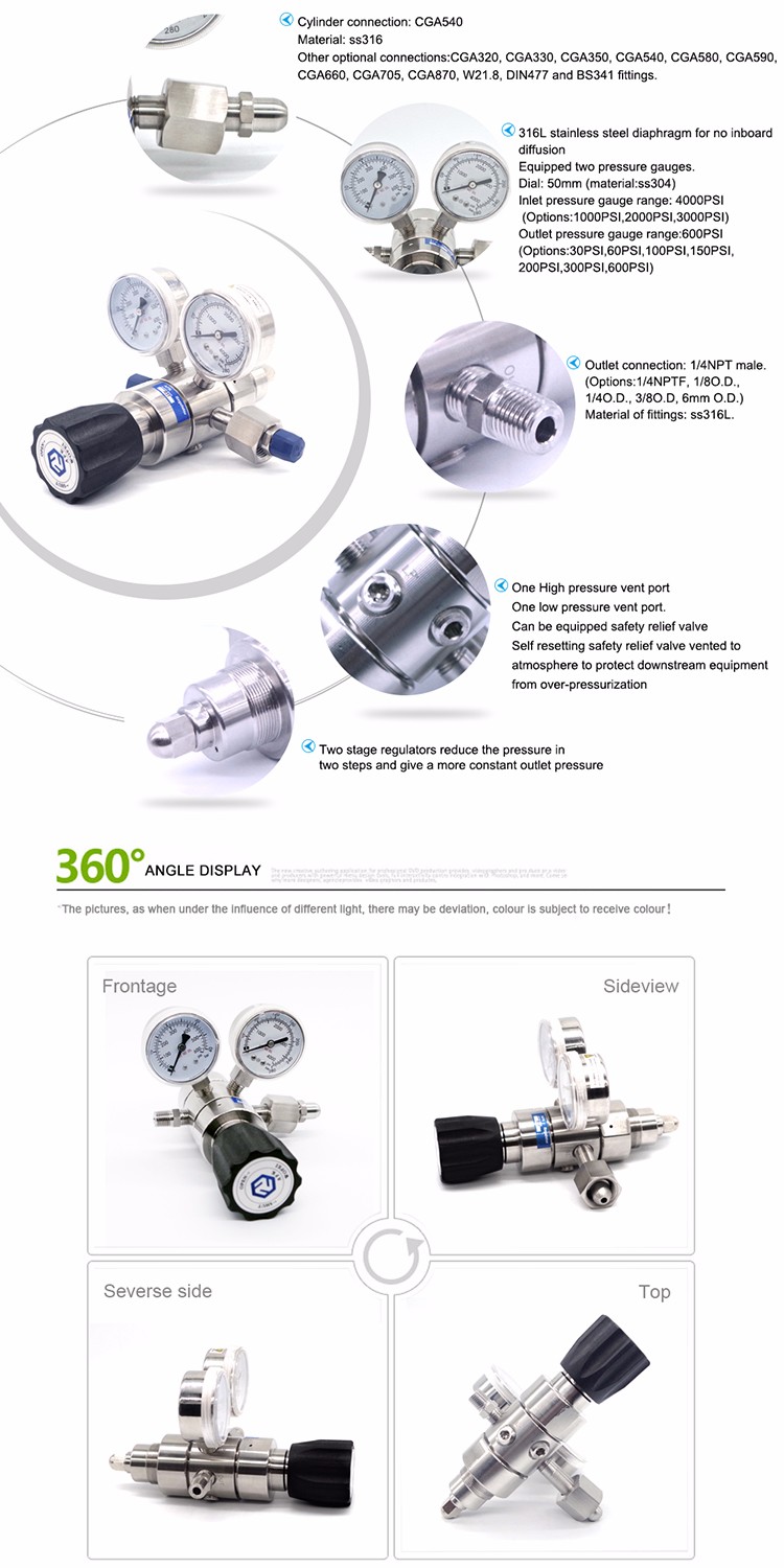 High Quality Two Stage High Pressure Stainless Steel Gas Pressure Regulator with CGA580