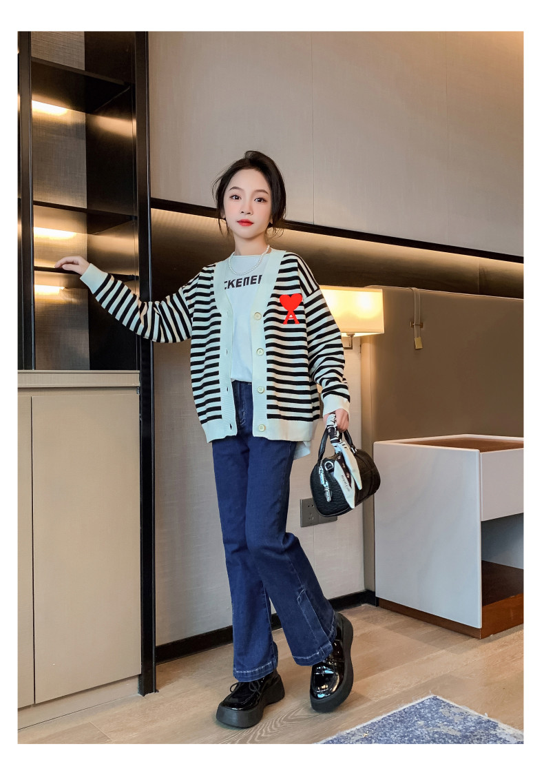 Embroidery Craft Trendy Children Clothing Striped Girls Knit Cardigan Sweater V Neck