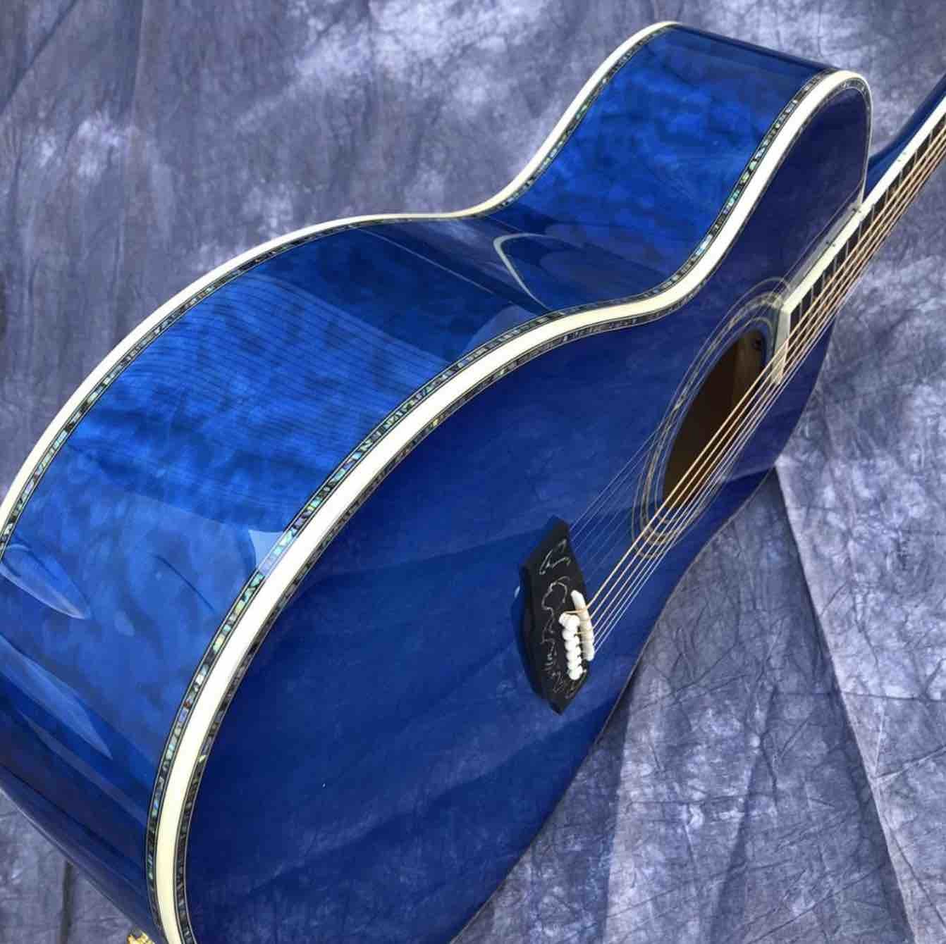 Solid spruce top OM style Acoustic Guitar,Abalone Ebony fingerboard Blue Burst Maple back and sides Acoustic Guitar