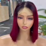 Burgundy Bone Straight 4x4 lace closure wig Bob Transparent Human Hair