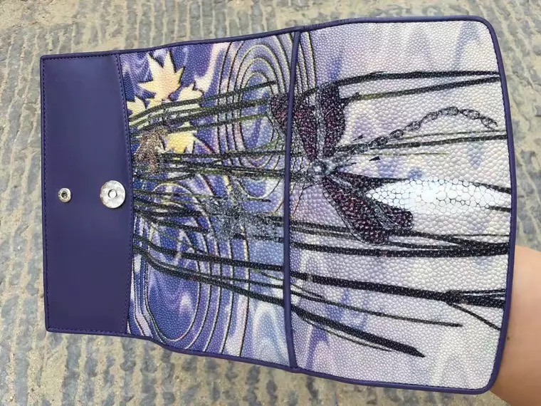 Authentic Stingray Skin Female Long Flower Trifold Wallet Genuine Leather Lady Large Clutch Bag Women Floral Coin Purse