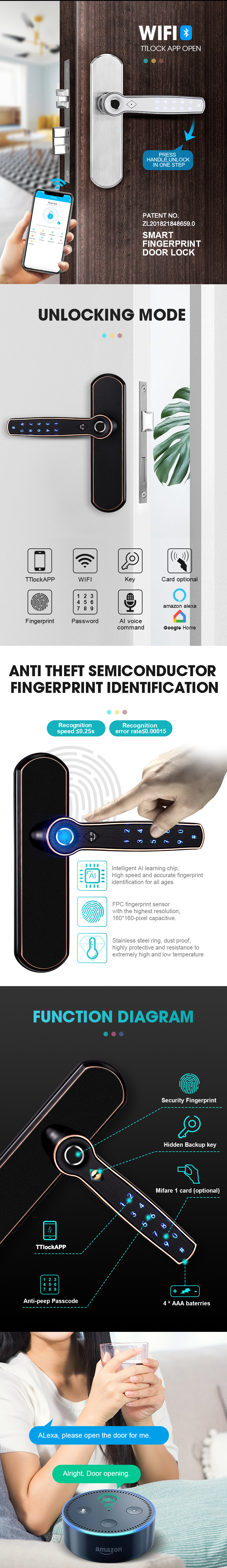 Pin Key IP55 French Security Aluminum Door Smart WIFI Door Lock