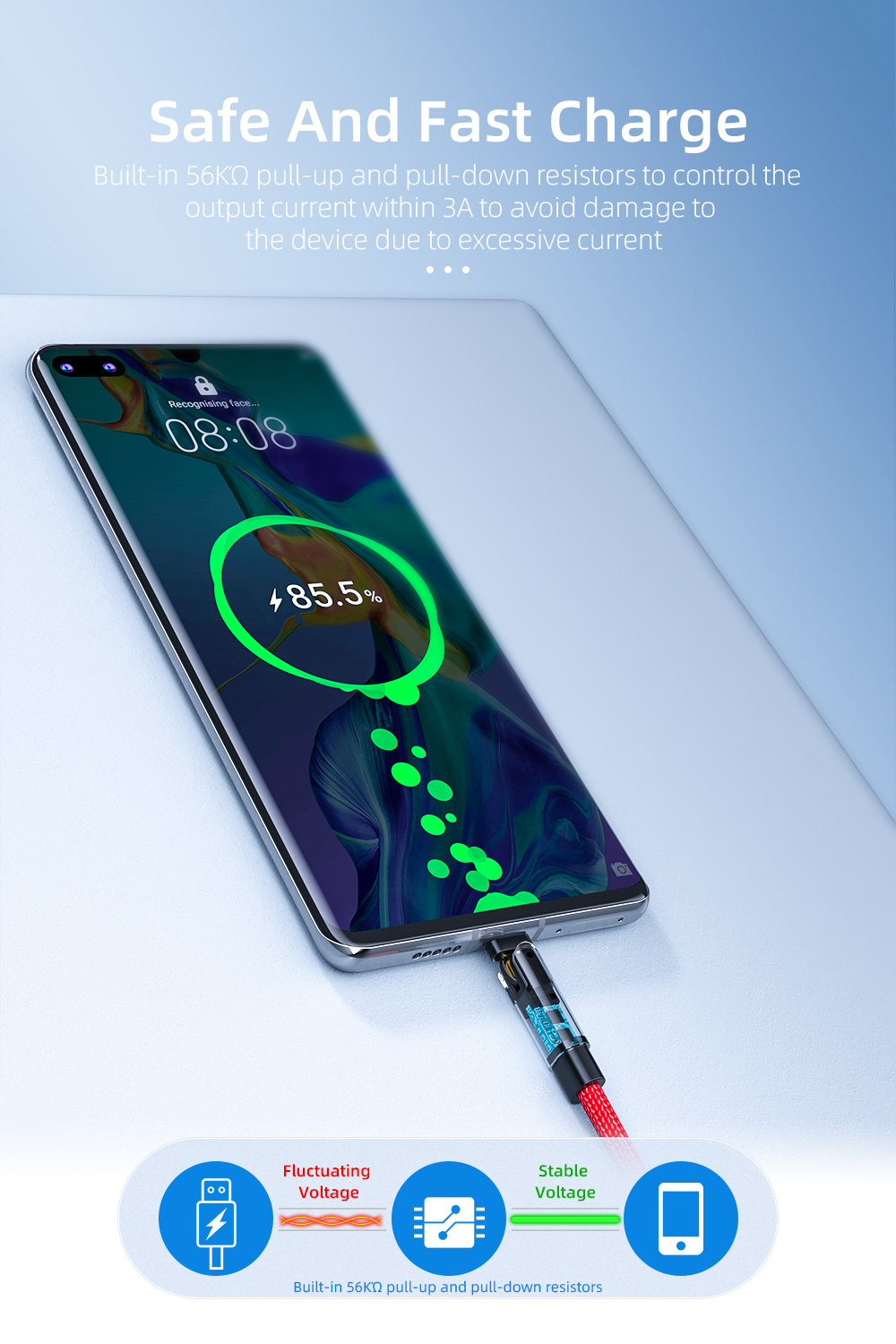 180 Degree Rotate USB Type C Cable 3A 1M 2M Fast Charging