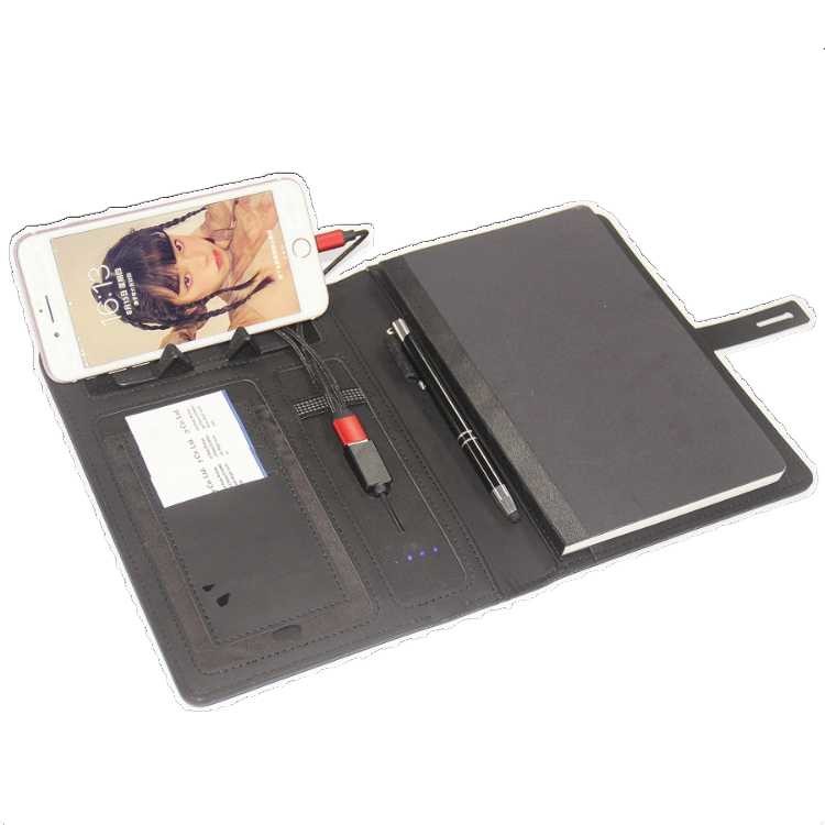 Customized PU Leather A5 Power Bank Notebook With Mobile Phone Holder