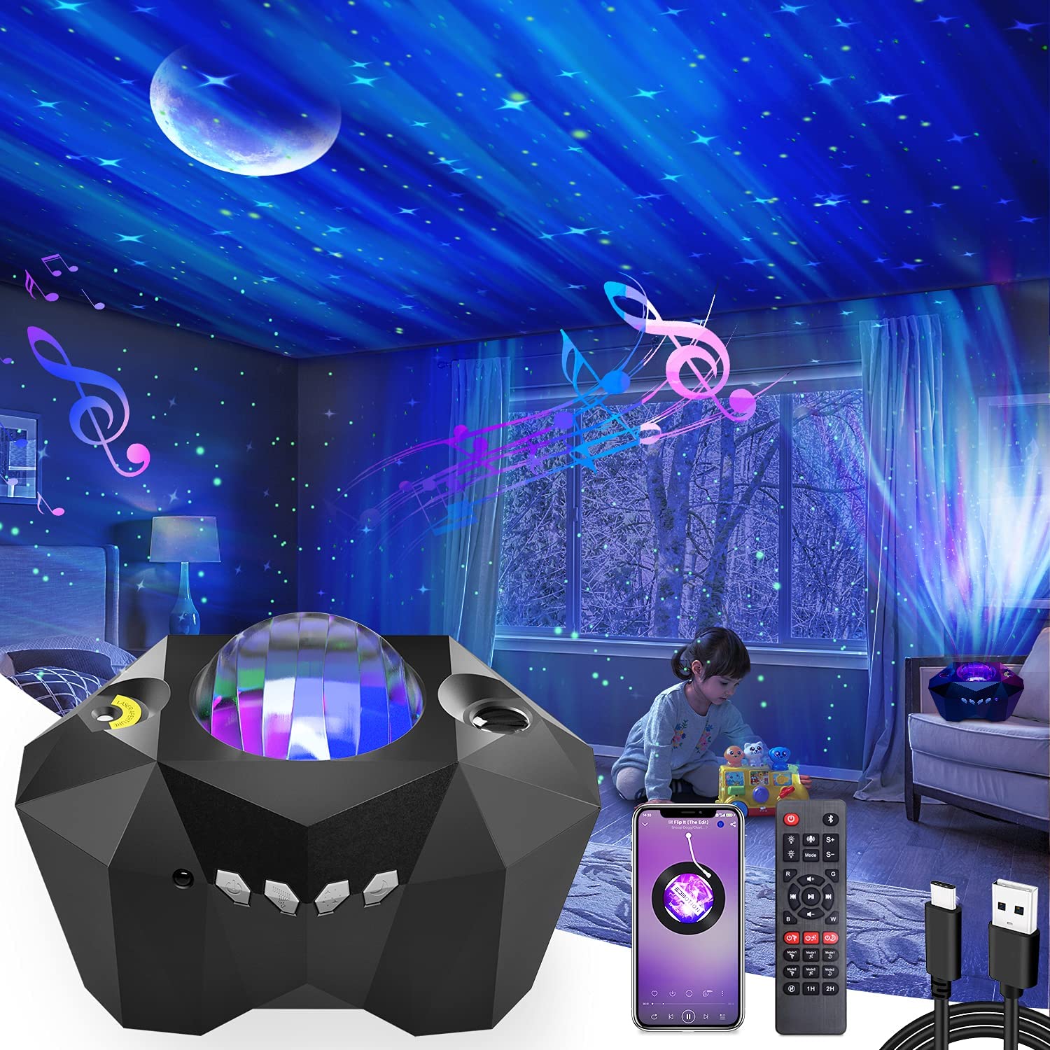 Amazon Hot Aurora Projector Wireless Music Speaker Remote Control Dream Aurora Star Lights Projector Lamp For Kids Baby