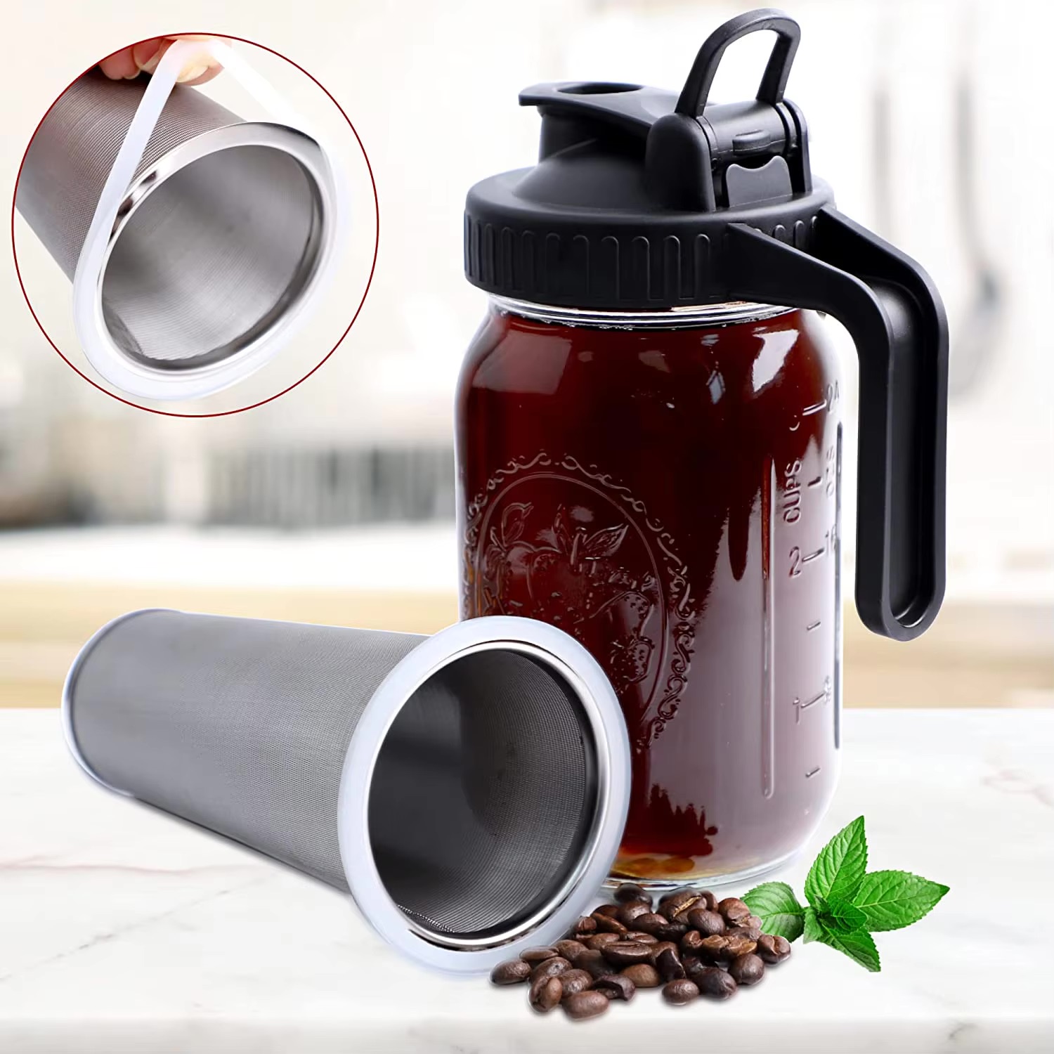 64 OZ Glass Mason Jar Cold Brew Coffee Maker with Stainless Steel Filter Mesh and Handle