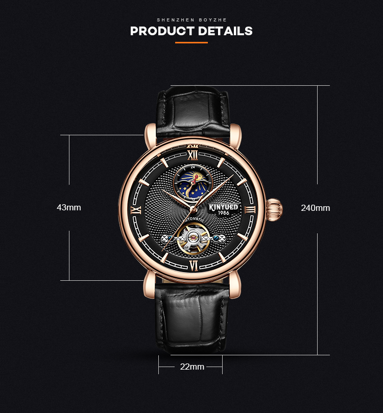Black Genuine Leather Mechanical Watch Moon Phase Multi Functional