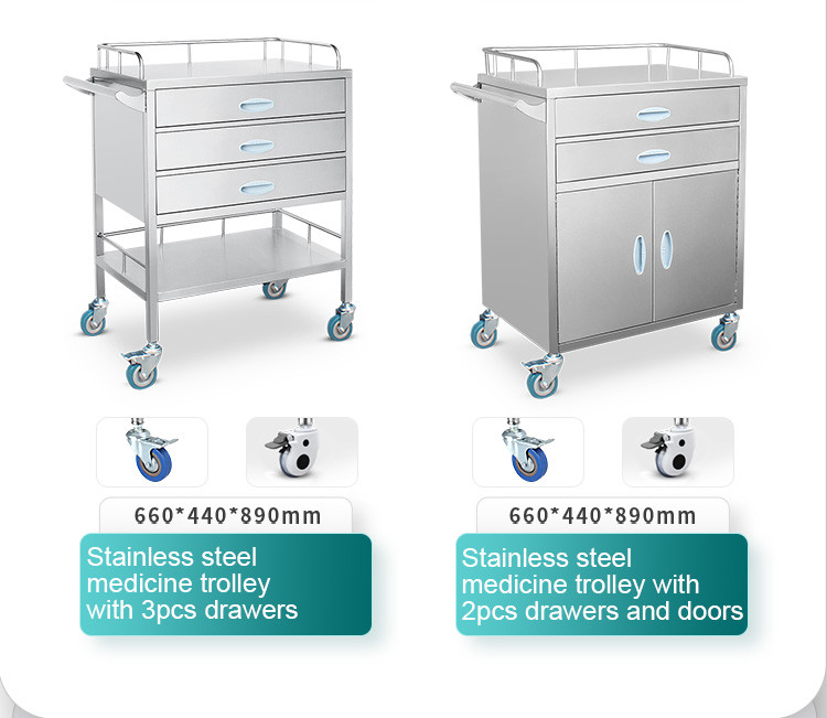 Hospital 3 Drawers Stainless Steel Medical Medicine Trolley