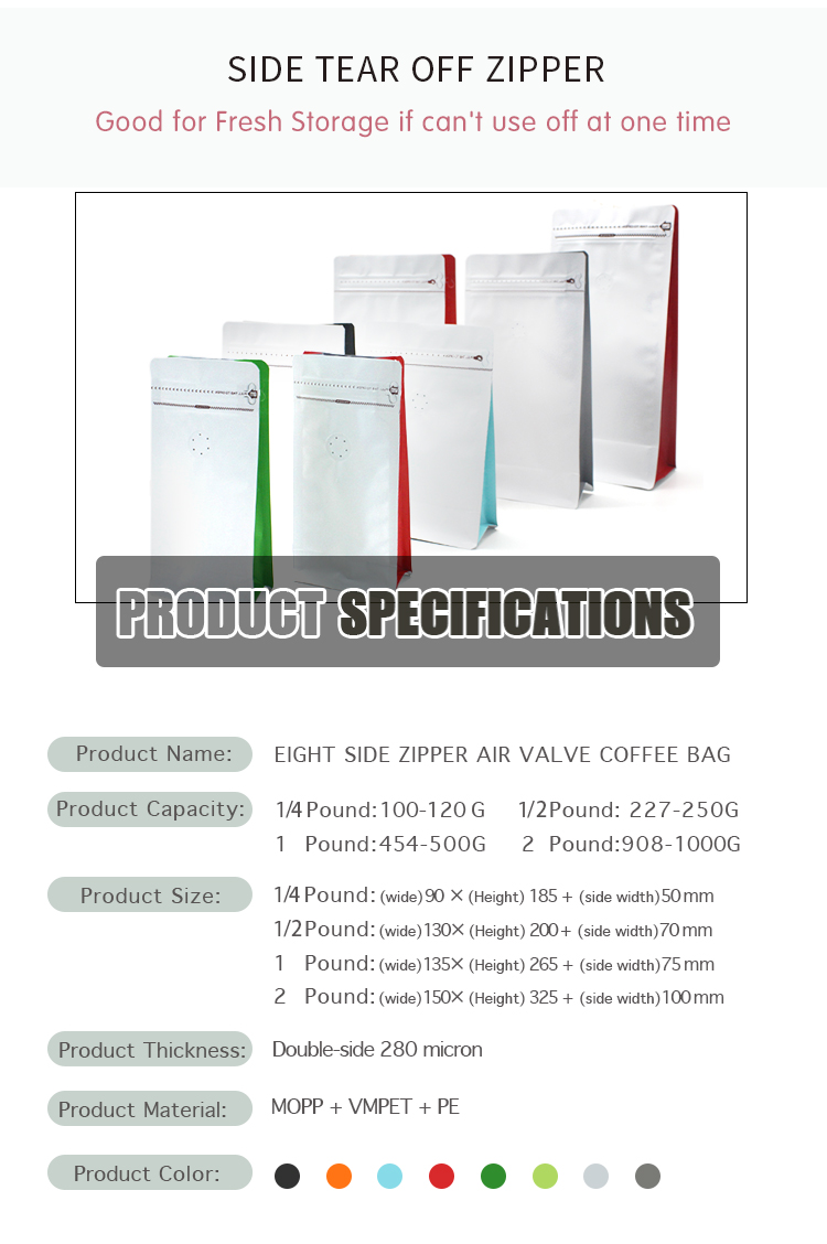 Flat Bottom VMPET Aluminum Coffee Bags 250g BOPP Zip Lock Pouch For Food