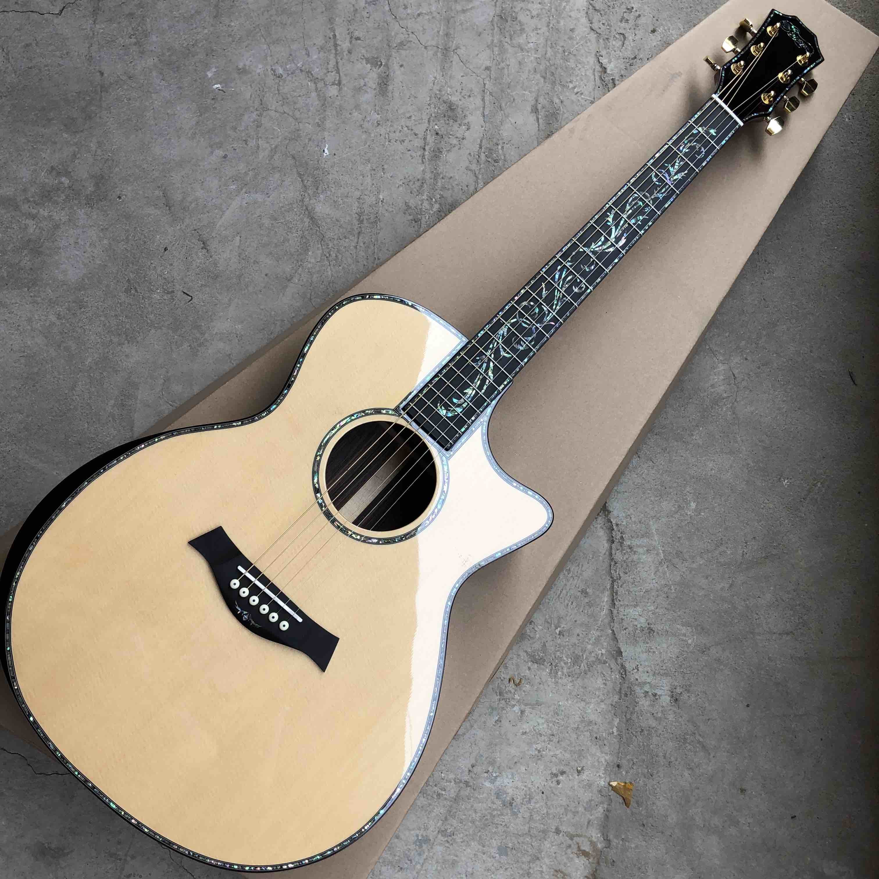 Custom 41"Acoustic Guitar Arm Rest Abalone Ebony Fingerboard Matte Finish Solid Spruce Top Electric Acoustic Guitar