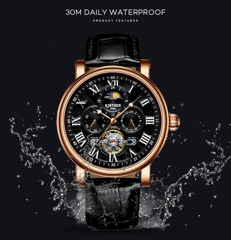 KINYUED wristwatches automatic men moon phase luminous tourbillon skeleton mechanical watch
