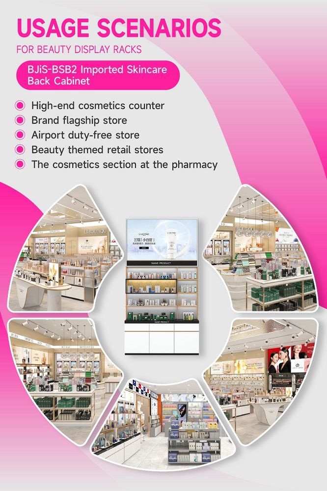 BJiS-BSB2 White Glossy Skincare Display Cabinet with Titanium Trim for Cosmetics Store Design