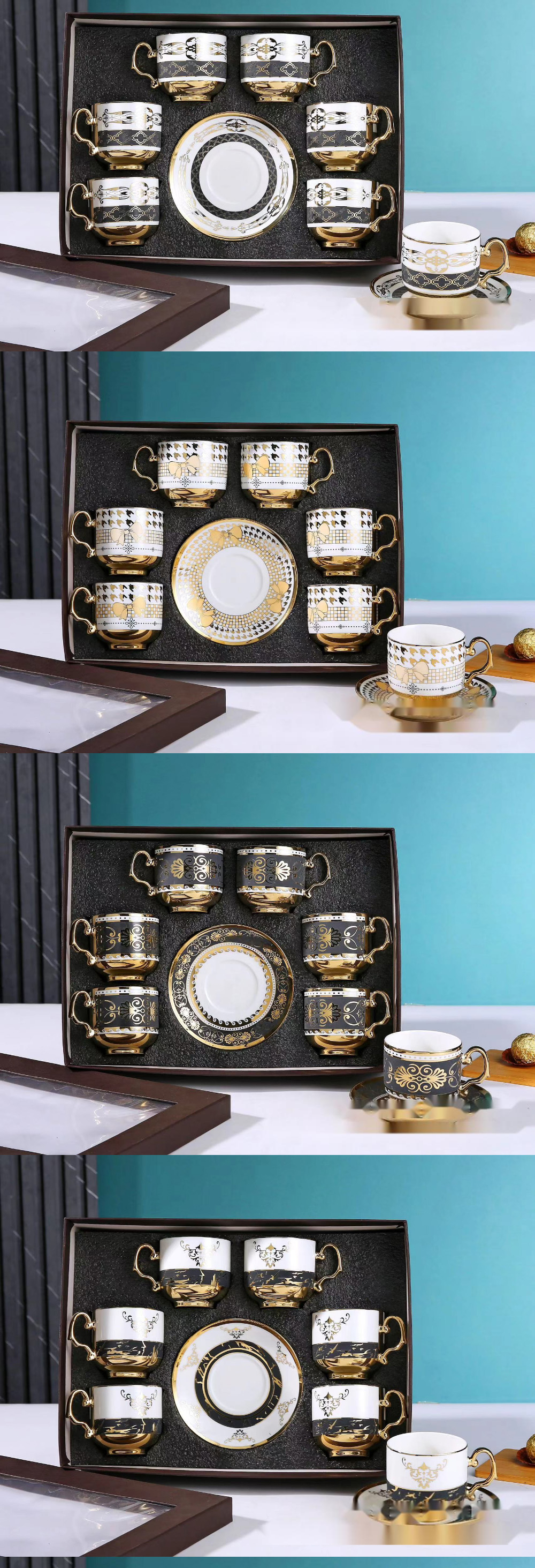 6-Piece Ceramic Tableware Set for Coffee Tea and Cappuccino in Luxury Bamboo Gift Box