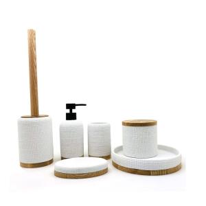 Quality Wooden Base Polyresin Bathroom Accessories Sets With Fabric Look wholesale