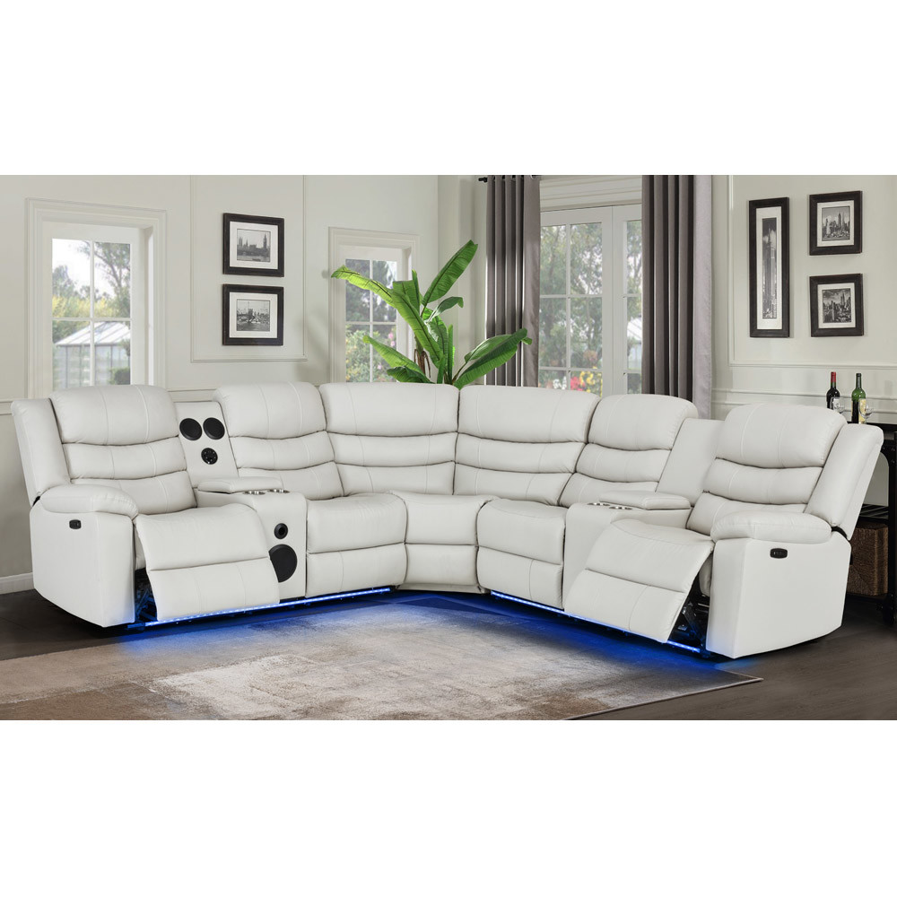 Power Recliner Corner Sofa with 2 Power Recliner Seats and Storage Box and Bluetooth Audio Speaker and LED Light, Beige Breathable Leatherette