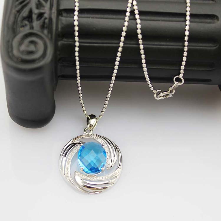 Sterling Silver Oval Blue Topaz Cubic Zirconia Charm Pendant (P18)