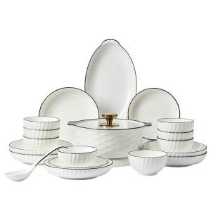 Quality Hotel Restaurant Dining Hall Tableware Ceramic White Porcelain Bowl Plate Set with Black Rim Contemporary Design Style wholesale