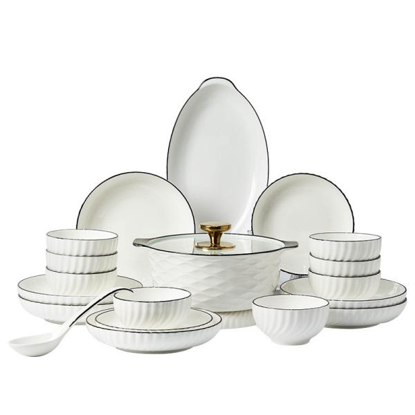 Hotel Restaurant Dining Hall Tableware Ceramic White Porcelain Bowl Plate Set