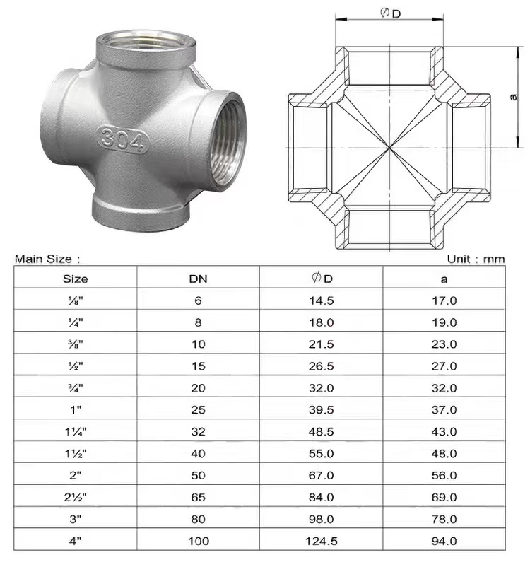 Four Way Equal Male And Female Threaded Cross NPT BSP in Stainless Steel 201 304 316