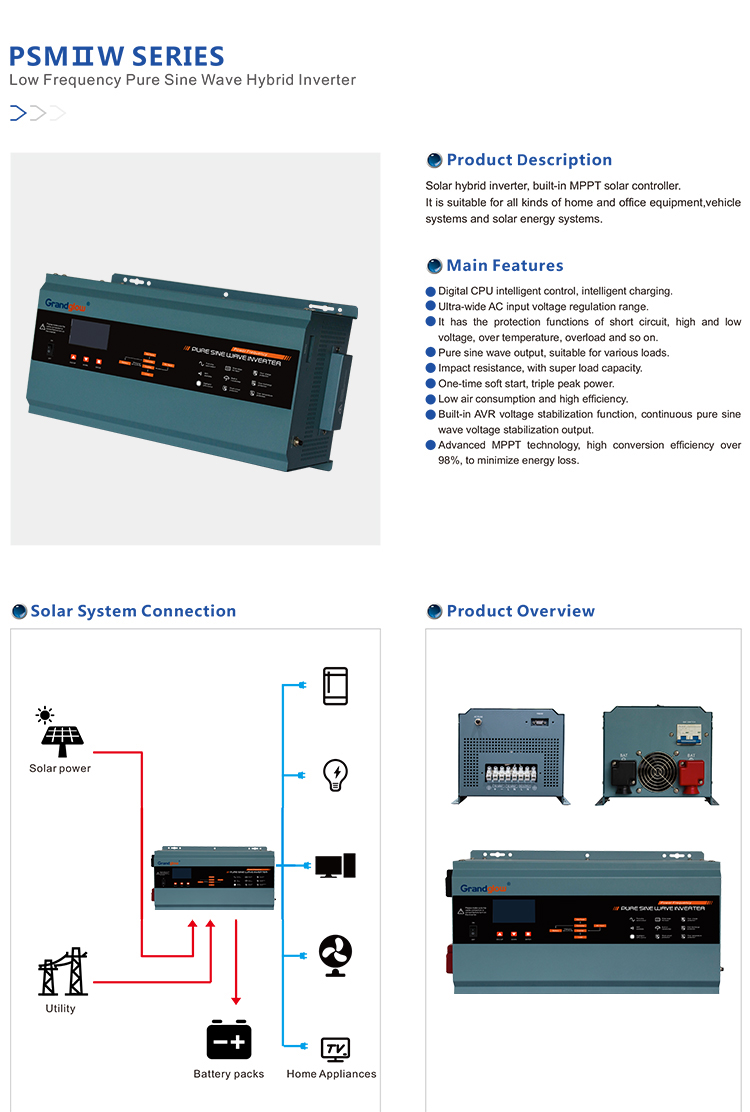 Grandglow 3000W 4000W 5000W Low Frequency Off Grid Hybrid Solar Inverter With Built-in MPPT Charger Controller