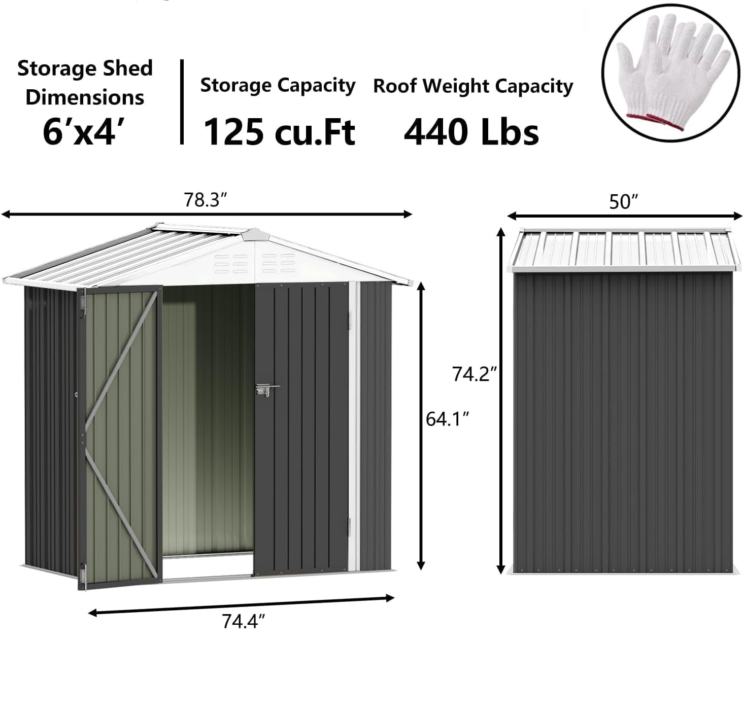Powder Coated AJUNION Metal Garden Shed Double Lockable Door 50"D x 78.3"W x 74.2"H