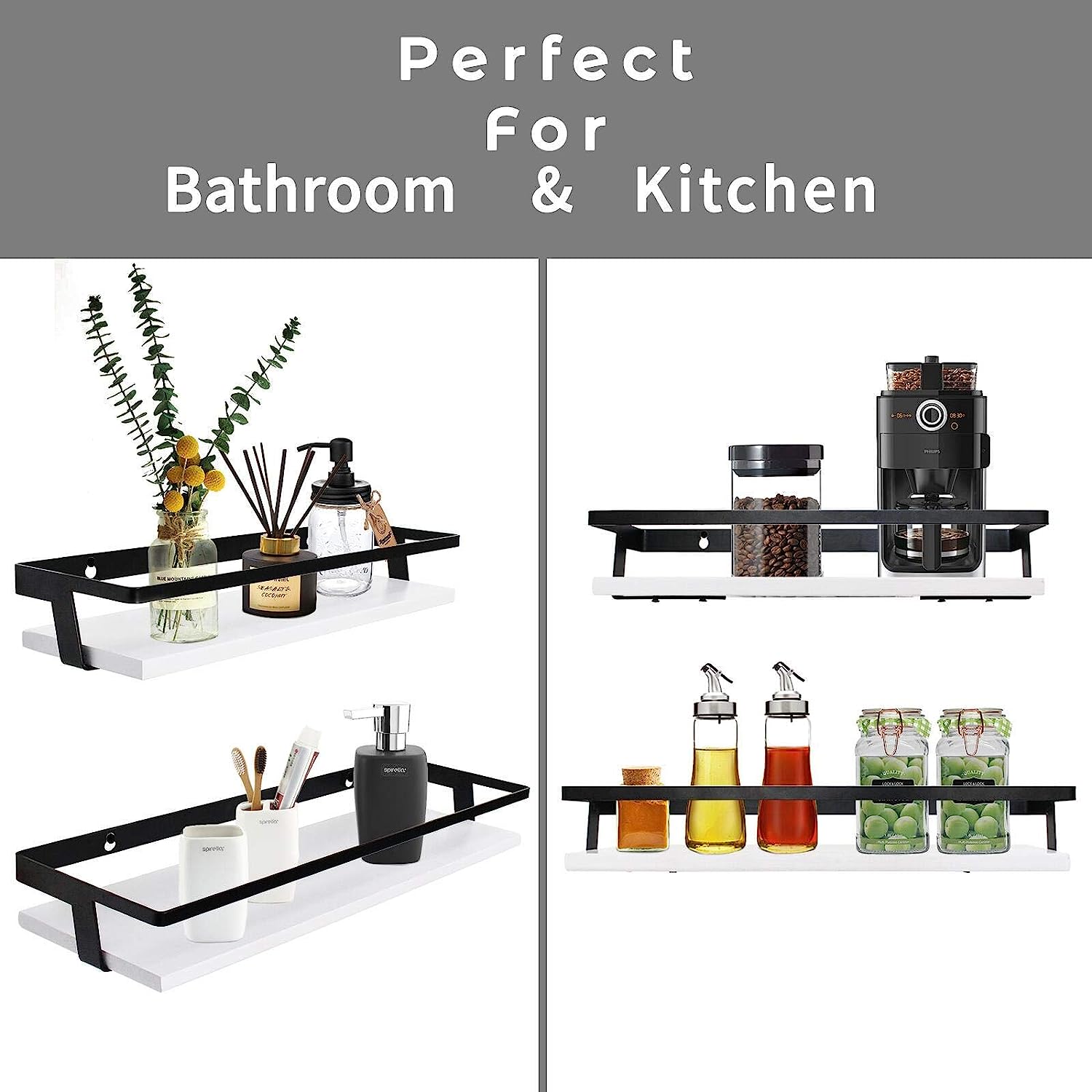 Metal Frame Bathroom Wall Shelf Powder Coated Wood Storage Shelves for Kitchen Decor