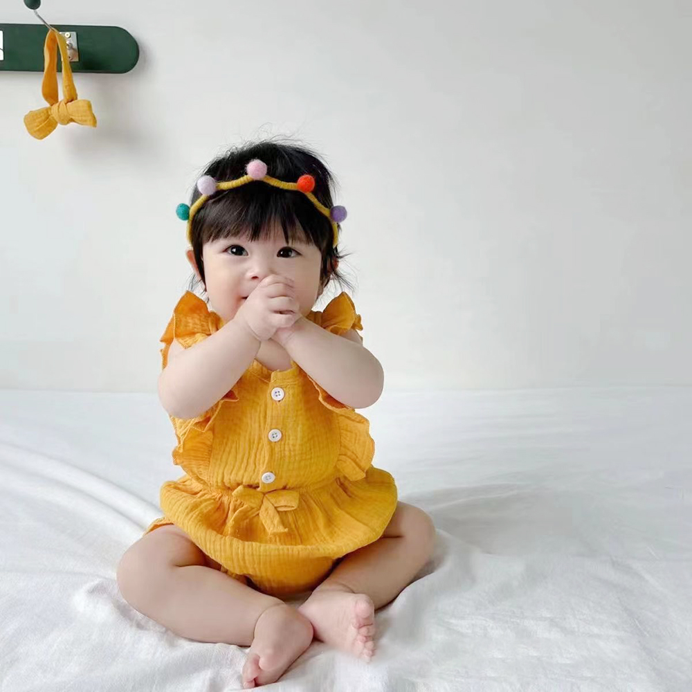 In Stock Summer Baby Girls Romper + Headband Cotton Linen Ruffles Sleeveless Infant Rompers Newborn Clothes