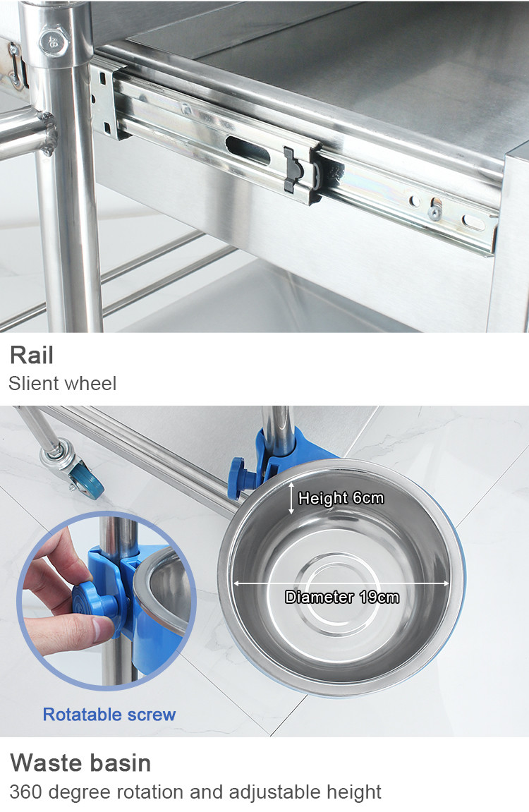 3 Layer Hospital Stainless Steel Medical Instrument Trolley