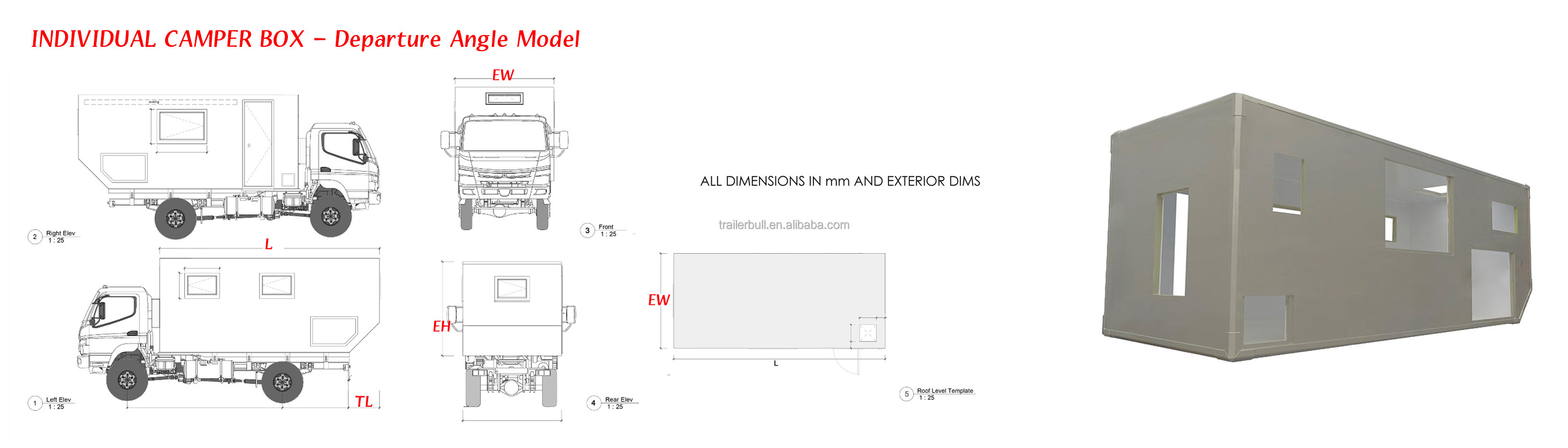 4.9x2.2x2.2m Self-Support FRP Monoblock Extrusion Camper Box for Overland Travelling
