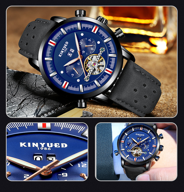 KINYUED J019-5 Tourbillon automatic mechanical genuine leather business waterproof fashion sport men watches