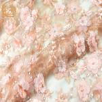 French 3D Flower Lace Fabric Beaded Handmade 1 Yard Pink Lace Cloth