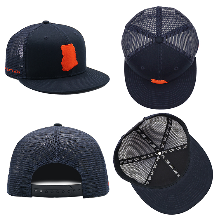 Flat Visor Cotton Sweatband Mesh Cap Six Panel High Crown Mesh Back Trucker Cap