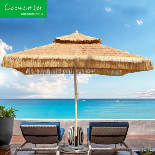 Large Windproof Hawaiian Parasol Wooden Colored Steel Pole Tiki Thatch Beach