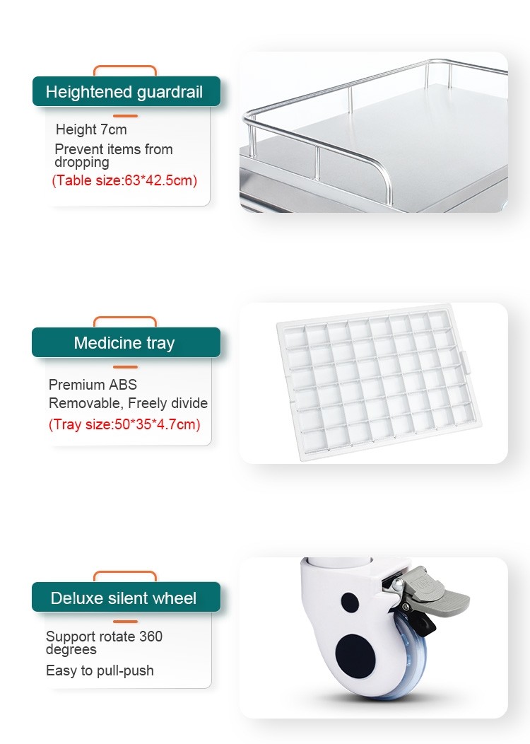 Hospital 3 Drawers Stainless Steel Medical Medicine Trolley