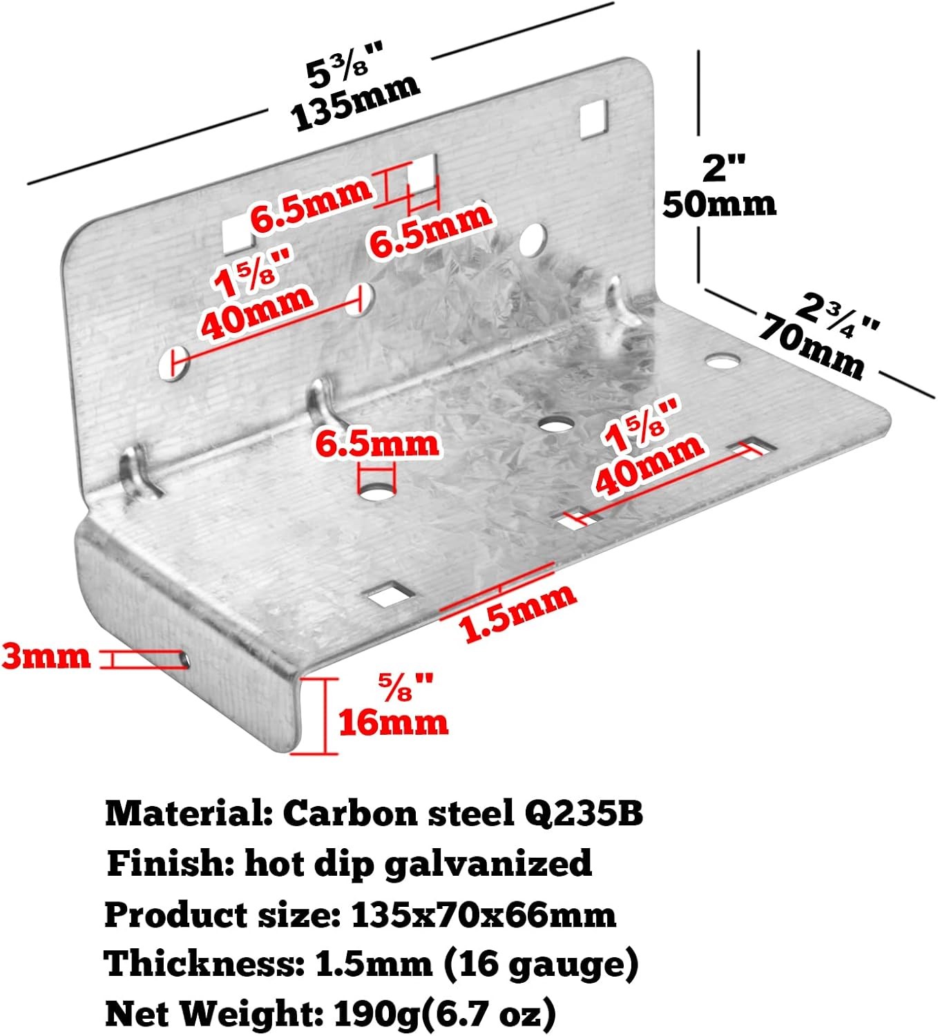 Galvanized Steel Split Joist Hangers Structural Connectors 6" Face Mount 16 Gauge