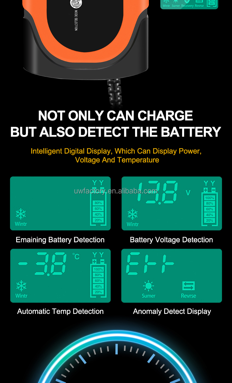 Portable LCD Display 12V/1.25A Automatic Identification Smart Fast Charge Car Battery Charger for Motorcycle Lead-Acid