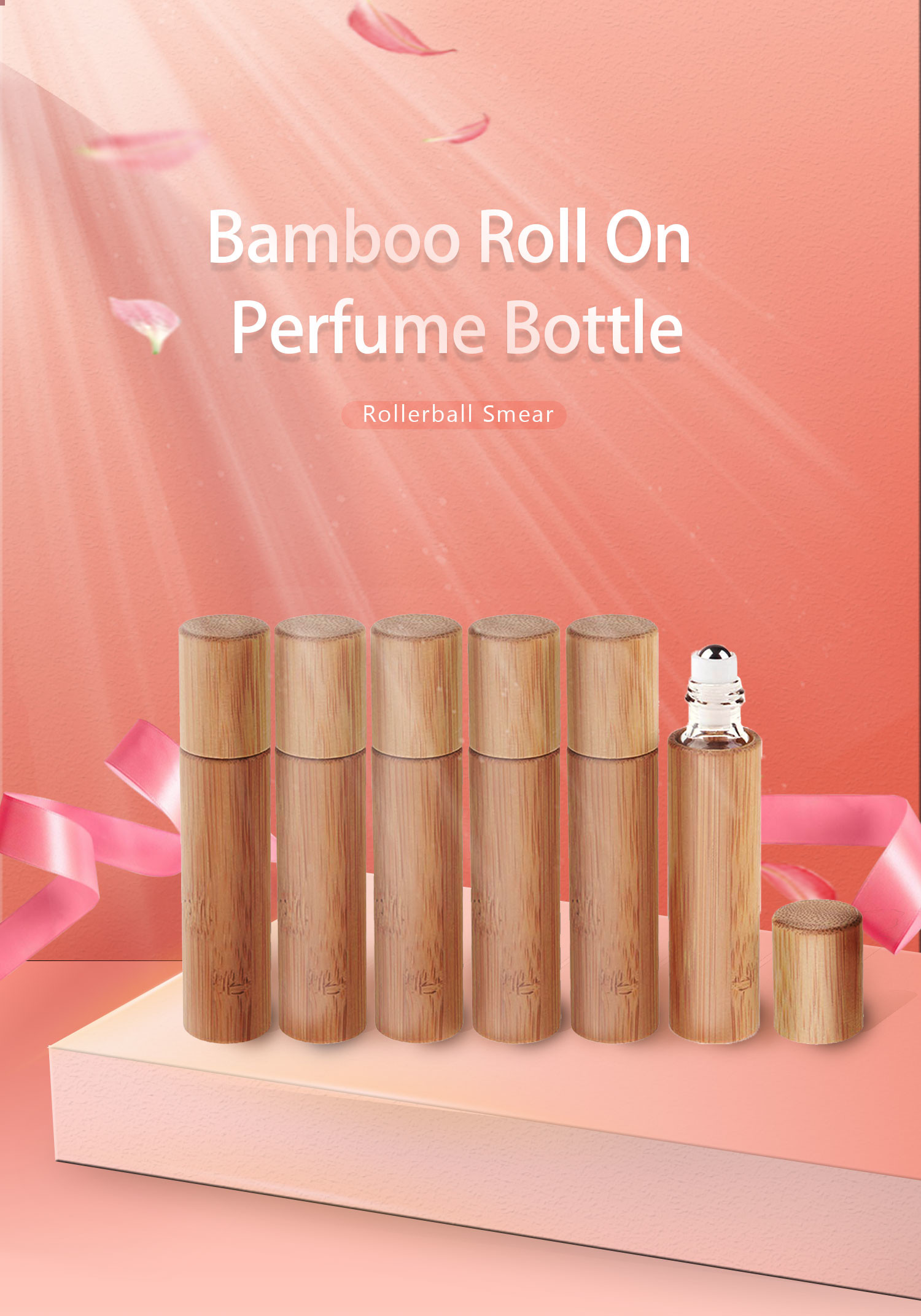 Luxury 10ml Bamboo Roll On Bottle Essential Oil Perfume Glass Roller Natural Bamboo Lid & Amber Glass