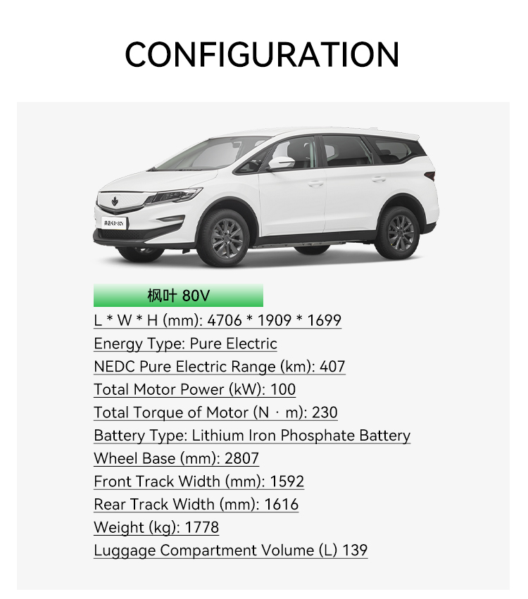 2023 Luxury 4 Seater Electric Car Lifan Maple Leaf 80v Adult Energy Vehicle 139L Luggage Compartment Volume