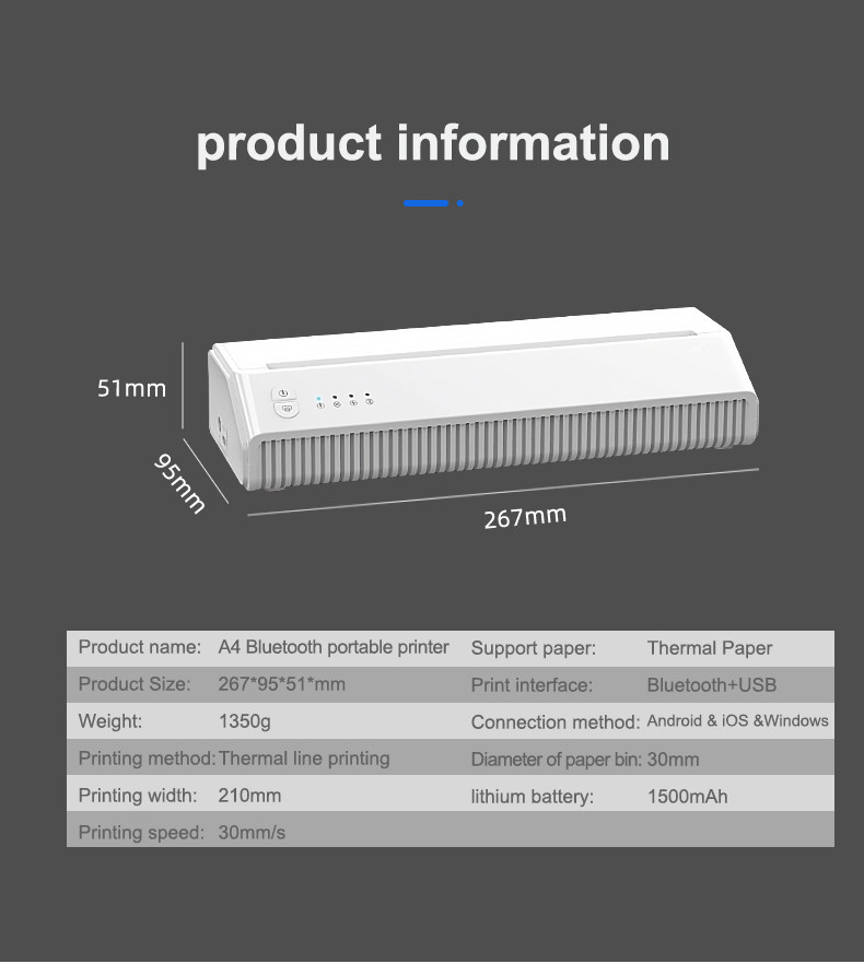 Android Portable Wireless Thermal Printer A4 Size 45mm/s