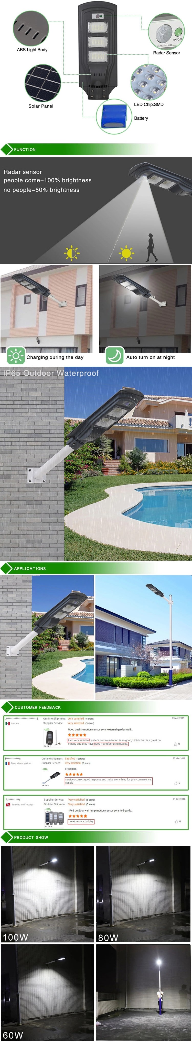 High Power All In One LED Solar Street Light With Integrated Panel 20W 40W 60W