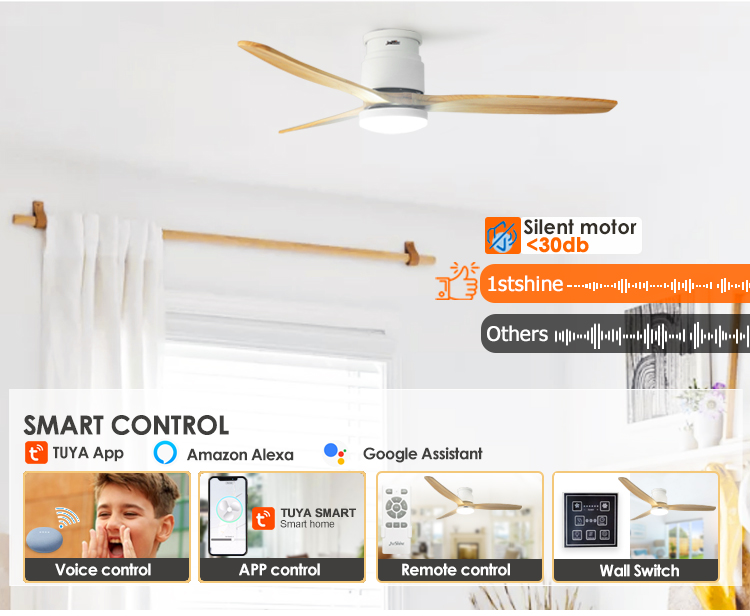 15CM Suspender Natural Wood Blades LED Ceiling Fan for Customizable Energy Efficiency