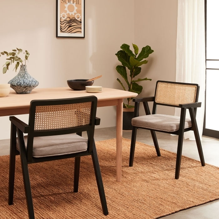 Black Wood And Cane Dining Chair Stackable Retro Rattan Wood Armchair