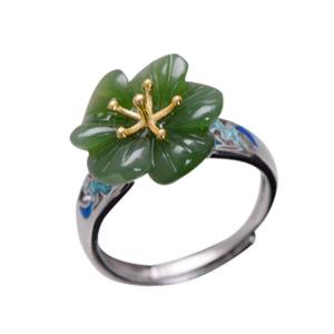 Quality 925 Sterling Silver Enamel Natural Jade Ring Open Adjustable Size (059613) wholesale