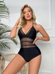 Black Ladies One Piece Swimsuit Mesh High Waist Backless Sexy Black One Piece