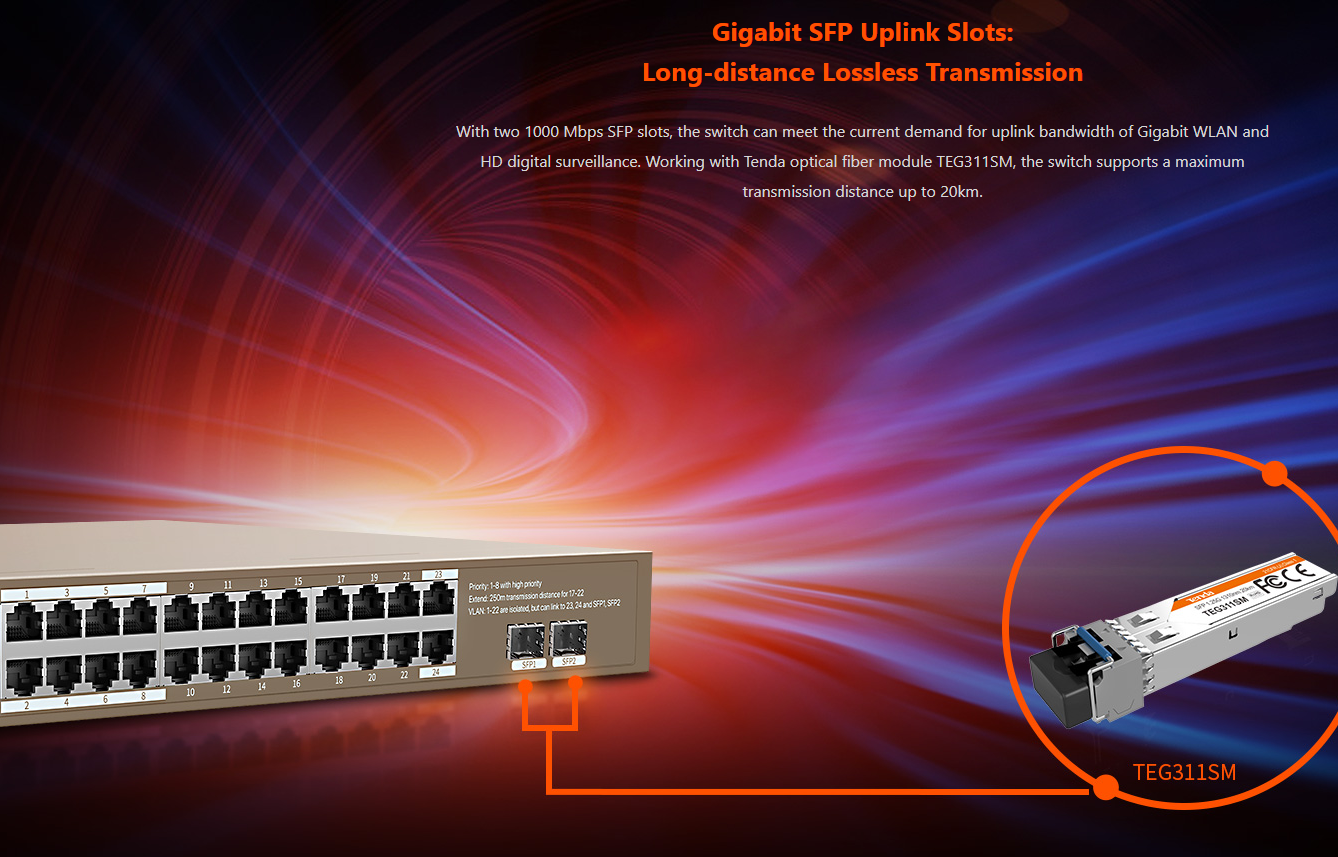 Tenda Gigabit POE Switch TEG1126P-24-410W 24GE 2SFP Ethernet Switch with 24-Port PoE Capacity 48G 440.0mm*284.0mm*44.0mm