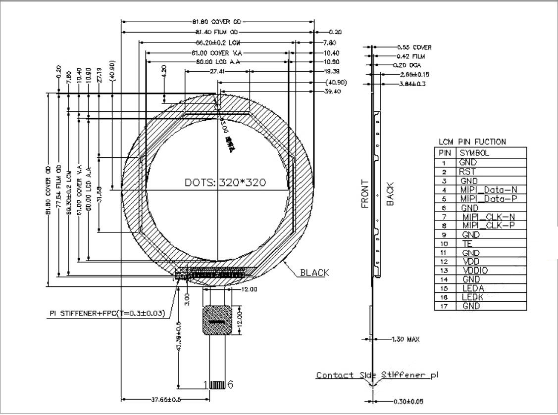 3.34 Inch Round LCD Panel, 320x320 17 PINS MIPI Interface 550cd/M2 Display