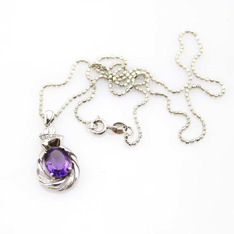 Sterling Silver Chain Necklace with 8x10mm Oval Amethyst Cubic Zircon Pendant (P45)