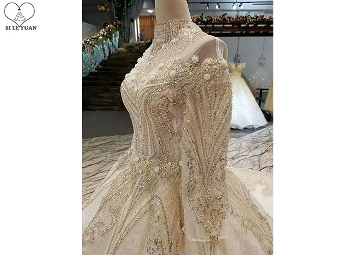 High Neck Ivory Ball Gown Wedding Dress Backless Long Sleeve Gold Beading