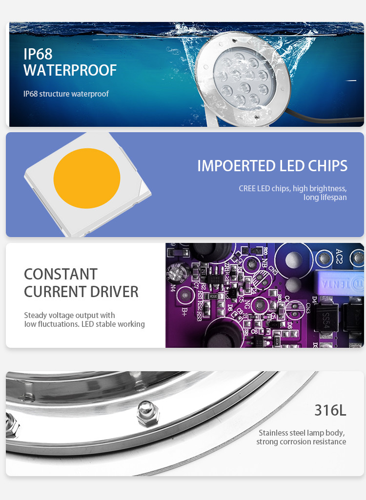 SS316L Ip68 Underwater Led Fishing Lights 24W 12V White Color CREE Light Source